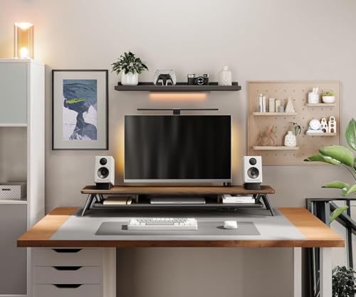 Fenge Dual Monitor Stand Riser, Wooden Desk Shelf with 2-Tier Storage - color: Walnut, size: 42.5 Inch