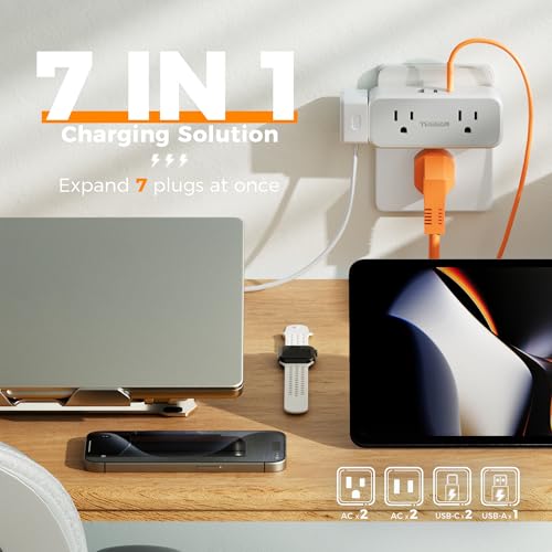 TESSAN Wall Outlet Extender, Multi Plug Mini Wall Expander, Grey - color: Grey with 2 USB-C, size: 7 Outlets