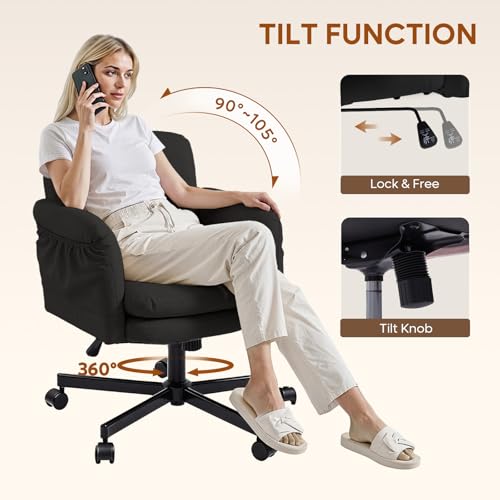 Bestier Criss Cross Office Chair with Flip-Up Arms, Comfy Wide Vanity Chair | Scratch-Resistant Pu Leather Computer Office Desk Chairs with Wheels 2 Side Pockets for Home Makeup Bedroom, Black - color: Black Pu Leather, size: Low Back