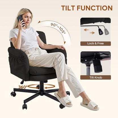Bestier Criss Cross Office Chair with Flip-Up Arms, Comfy Wide Vanity Chair | Scratch-Resistant Pu Leather Computer Office Desk Chairs with Wheels 2 Side Pockets for Home Makeup Bedroom, Black - color: Black Pu Leather, size: Low Back
