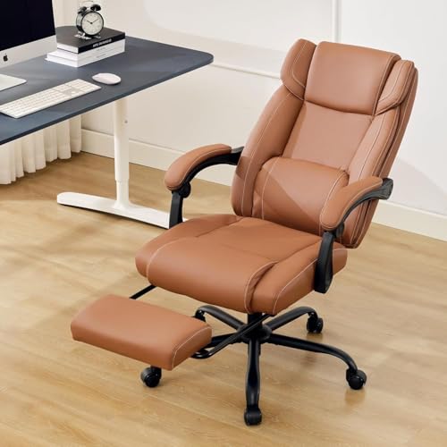 Reclining Office Chair with Footrest,Ergonomic Home Office Desk Computer Chair with Lumbar Support,Thick Executive Leather Chair,90-155° Adjustable (Brown) - color: Brown
