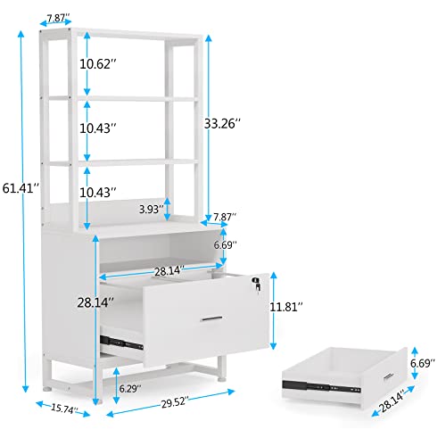 Tribesigns 2 Drawer Vertical File Cabinet with Lock & Bookshelf, Letter Size Large Modern Filing Cabinet Printer Stand with Open Storage Shelves for Home Office, White - color: White