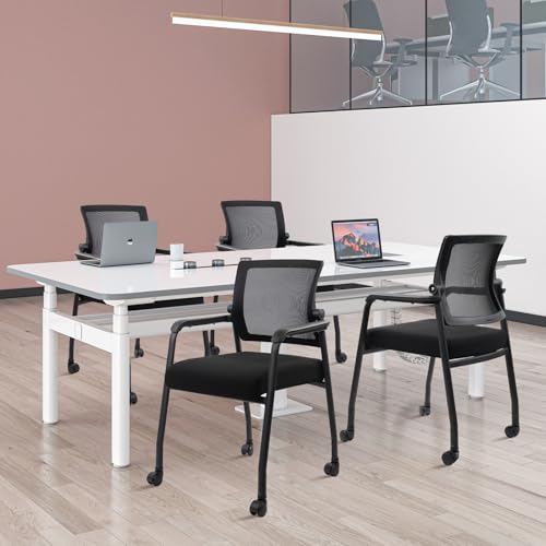 KLASIKA Waiting Room Office Reception Stackable Chairs with Wheels Ergonomic Mesh Back Home Desk Chair with Thick Cushion and Arm for Guest Conference Meeting Lobby Church Medical (1 PK) - color: Black, size: 1 PK
