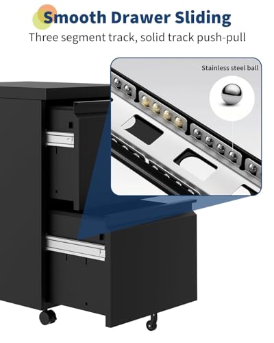 File Cabinet 2-Drawer Lateral with Lock, Metal Office Filing Cabinet for Letter/Legal/a4, Heavy Duty Storage Organizer, Full Extension Drawers, Anti-Tip Safety, Black, Home Office Organization - size: 2-Drawer with wheel