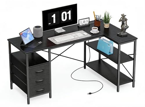 Alpen Computer Desk with Drawers, L Shaped Desk for Bedroom with Power Outlets, Gaming Table with Storage Shelves, Corner Desk for Gaming, Study Writing PC Table, 47.2 Inch, Black - color: Black, size: 47.2 Inches