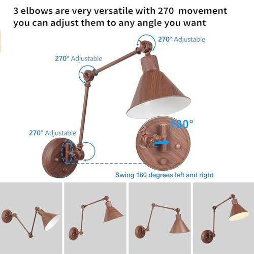 TRLIFE Plug in Wall Sconces, Dimmable Wall Sconces Set of 2 Plug in Swing Arm Wall Lights, Adjustable Wall Mounted Light Wall Lights with 6FT Plug in Cord, E26 Base(Two Arms, Walnut Color) - color: Walnut color, size: 2 Pack- (Switch)