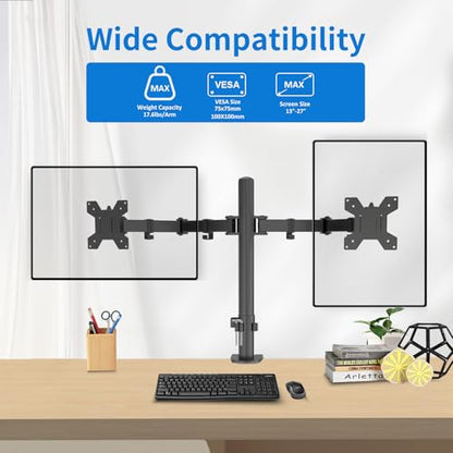 Dual Monitor Mount for 17-27 Inch Monitors up to 17.6 lbs, Desk Clamp