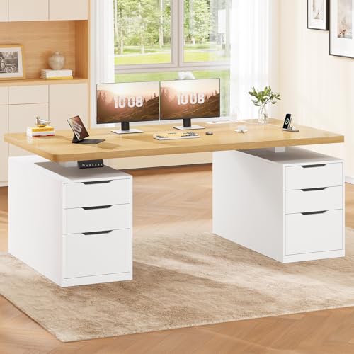 SEDETA 55" Electric Standing Desk with 6 Drawers, Adjustable Stand up Desk with Storage, Computer Desks with Power Outlets for Home Office, White + Oak - color: White + Oak, size: Standing Desk