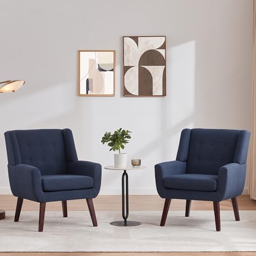 HUIMO Living Room Chairs Set of 2,Upholstered Button Linen Accent Chair | Mid Century Fabric Modern Armchair,Comfy Arm Club Sofa Chairs for Living Room Reading Bedroom,Waiting Room Dark Blue 2PCS - color: Dark Blue