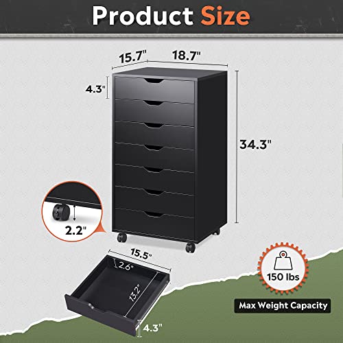 DEVAISE 7-Drawer Office File Cabinets, Mobile Craft Storage Cabinet, Black - color: Black, size: 15.7"D x 18.7"W x 34.5"H