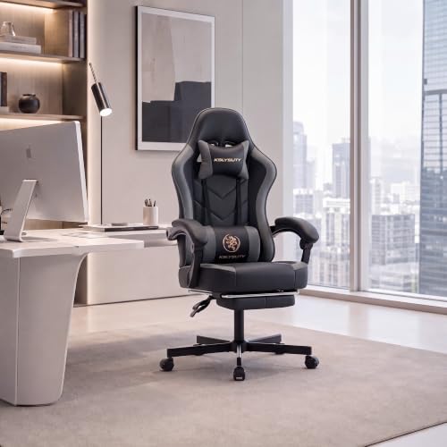 Desk Computer Gaming Chair - High Back Ergonomic Office Chair with Footrest and Lumbar Support, Swivel Comfy Home Gamer Video Game Chairs with Pocket Spring Cushion for Adults (Grey Leather) - color: Classic Grey Leather