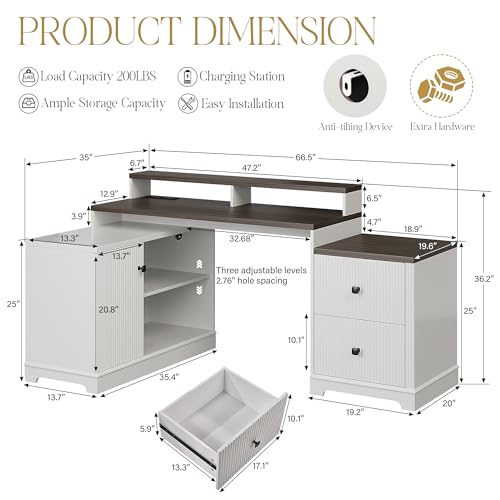 67" Farmhouse L Shaped Desk with Drawers and Printer Stand for Home Office, Computer Desk with Power Outlet, Home Office Desk with Storage Shelves and Monitor Stand, Computer Writing Desk, White