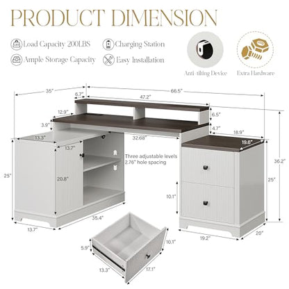 67" Farmhouse L Shaped Desk with Drawers and Printer Stand for Home Office, Computer Desk with Power Outlet, Home Office Desk with Storage Shelves and Monitor Stand, Computer Writing Desk, White