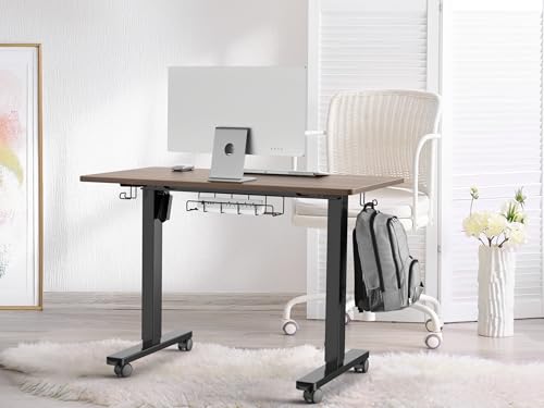 SHW Mobile Electric Height Adjustable Standing Desk w/Drawer, Black | 40" Wide Top | w/ Memory Presets and Cable Management | Drawer with adjustable compartments | Hanging Hooks - color: Walnut
