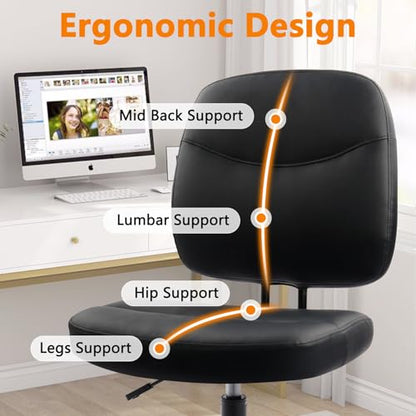 CLATINA Armless Home Office Chair,Small PU Leather Ergonomic Low Back Desk Chair with Lumbar Support and Wheels, Adjustable Height 360° Swivel Rolling Computer Task Chair, Black - color: Black-heihu, size: 1 Pack