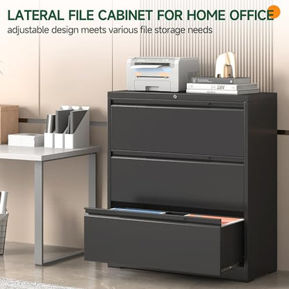 Lateral File Cabinet 3 Drawer, Metal File Cabinet with Lock - color: Black, size: 3 Drawer - Lateral