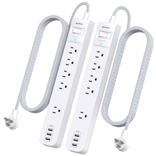 2 Pack 9.8FT Power Strip Surge Protector, 5 Outlets with 3 USB Ports | Long Extension Cord Flat Plug, 1050J Overload Protection, Desk Charging Station for Home Office Dorm Room Essentials - size: 9.8 FT