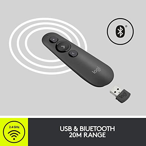 Logitech R500s Laser Presentation Remote Clicker with Dual Connectivity Bluetooth or USB for Powerpoint, Keynote, Google Slides, Wireless Presenter - Graphite (Renewed)