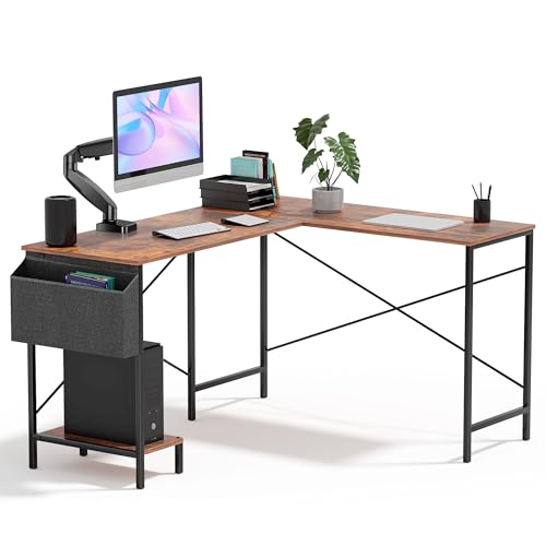 L Shaped Desk Gaming Computer 50 Inch Reversible Corner Table PC Work Table for Writing Study Student with Wood Tabletop Metal Frame CPU Stand Side Bag for Home Office Small Place - color: Brown