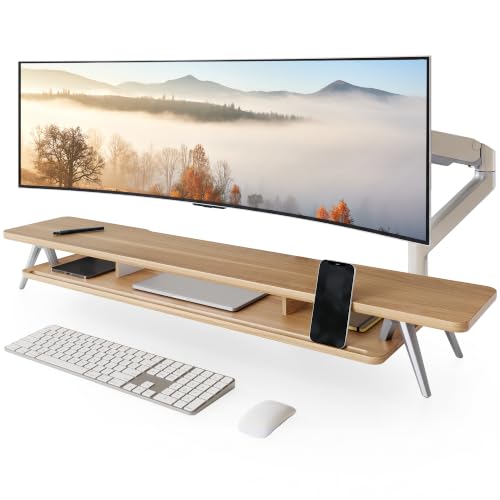 Fenge Dual Monitor Stand Riser, Wooden Desk Shelf with 2-Tier Storage - color: Dark Oak, size: 47.2 Inch