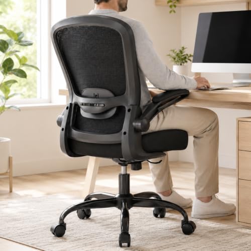 Ergonomic Office Chair w/Adjustable Lumbar, Flip Armrest, 135° Recline - color: Black-black Frame