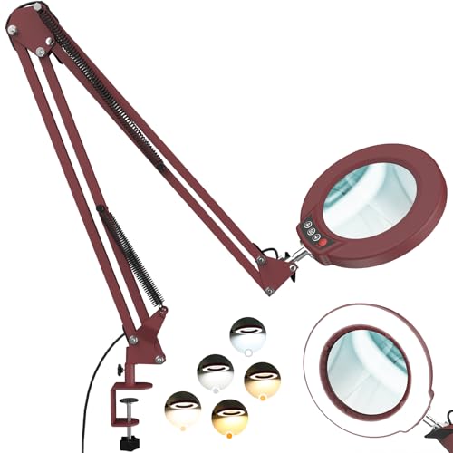 12X Large Magnifying Glass with Light and Clamp, Real Glass, 5 Color Modes, Stepless Dimmable, 2 x 16 Inch Adjustable Swing Arm Stand Desk Lamp, LED Lighted Magnifier Hands Free for Close Work - Red - color: Red, size: 12X 32inch Clamp