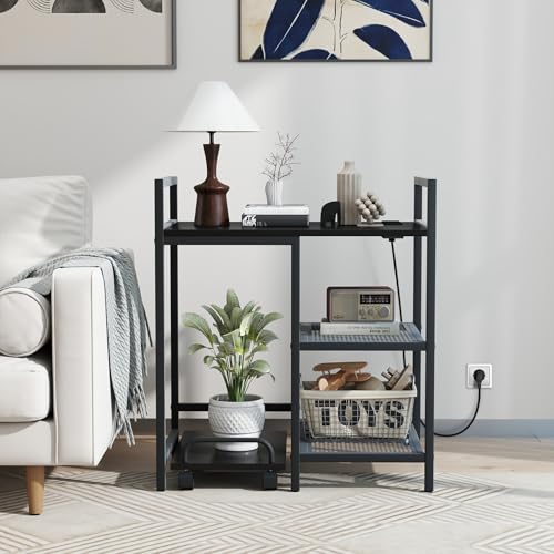 Giantex 3-Tier Printer Stand with Charging Station, 2 Open Storage Shelves, Side PC Stand on Wheels, 25" x 16" Mobile Printer Table for Computer Tower, Printer Shredder, Fax, Under Desk, Home Office - color: Black
