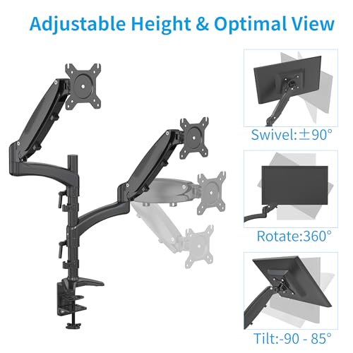 SHOPPINGALL Fully Adjustable Dual Gas Spring LCD Monitor Arm Desk Mount Stand with 2 Swing Arms for Two 15"-32" Monitors, Desk Clamp and Grommet Mounting Options in The Box - SA-GM124D-Black