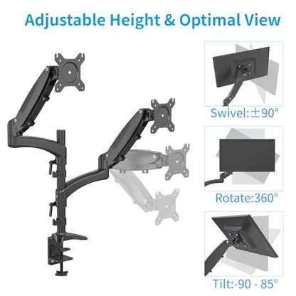 SHOPPINGALL Fully Adjustable Dual Gas Spring LCD Monitor Arm Desk Mount Stand with 2 Swing Arms for Two 15"-32" Monitors, Desk Clamp and Grommet Mounting Options in The Box - SA-GM124D-Black