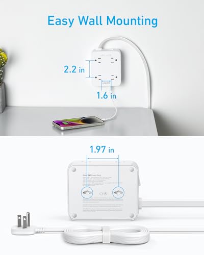 Anker Power Strip with 2000J Surge Protector, 5ft Outlet Extender, 20W, 8AC - color: Shell White, size: 5FT