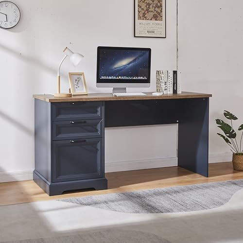 60" Farmhouse Executive Desk with Charging Station,Home Office Desk with 2 Drawers &1 File Cabinet,Wood Work Desk for Office and Home (Blue) - color: Blue