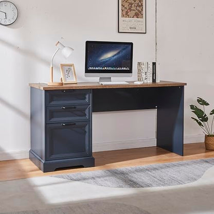 60" Farmhouse Executive Desk with Charging Station,Home Office Desk with 2 Drawers &1 File Cabinet,Wood Work Desk for Office and Home (Blue) - color: Blue