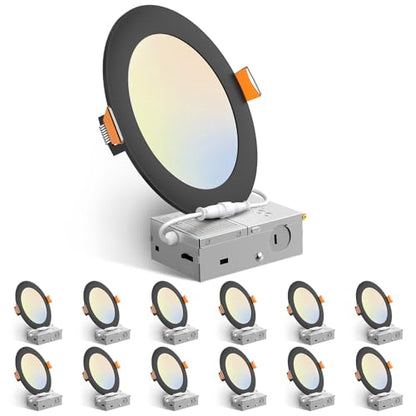 Amico 12 Pack 6 Inch LED Recessed Lighting, Canless Wafer Downlight, Black | 5CCT 2700K-5000K, 5%-100% Dimmable, Ultra-thin, Metal housing, 1050LM 12W 120V, IC & Damp Rated, ETL & FCC, 50000h Life Span - color: Black, size: 6 Inch