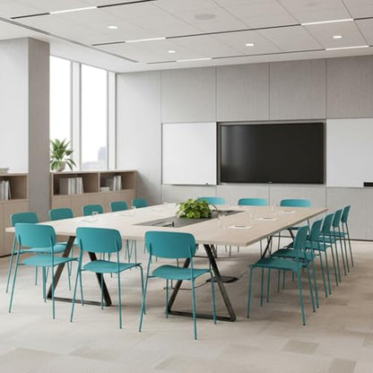 Sidanli Armless Stacking Chairs, Blue, Set of 4 | Ergonomic Plastic Seat, Waterproof, with 2MM Thicken Metal Legs, for Conference Reception Dining Room, Easy to Stack - color: Blue