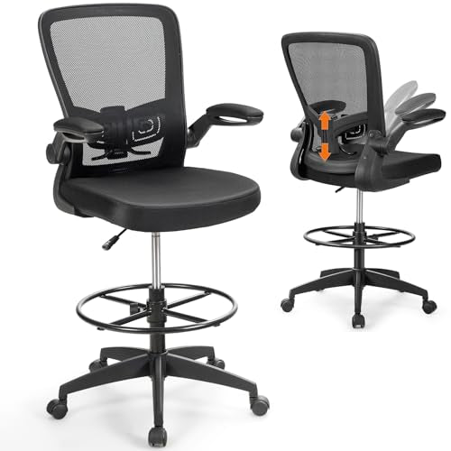 COSTWAY Drafting Chair with Flip-up Armrests & Adjustable Foot Ring, 1 Pack - color: Black