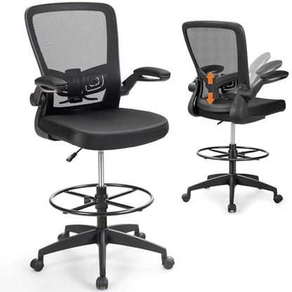 COSTWAY Drafting Chair with Flip-up Armrests & Adjustable Foot Ring, 1 Pack - color: Black