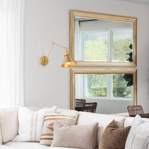 LALUZ Gold Wall Sconces Lighting 2 Pack, Modern Swing Arm Plug-in or Hardwired Adjustable Wall Lamp with Brass Finish for Bedroom, Kitchen, and Living Room - size: 12" W Gold