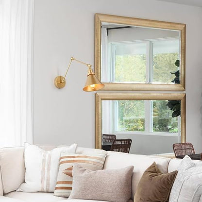 LALUZ Gold Wall Sconces Lighting 2 Pack, Modern Swing Arm Plug-in or Hardwired Adjustable Wall Lamp with Brass Finish for Bedroom, Kitchen, and Living Room - size: 12" W Gold