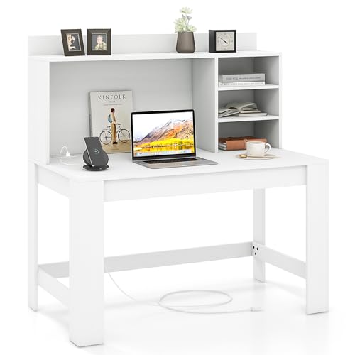 GIANTEX Computer Desk with Hutch, Modern Home Office Desk with Power Outlets, Storage Shelves & Cable Hole, Makeup Vanity Table, Study Writing Desk for Bedroom Office Small Space, White - color: White