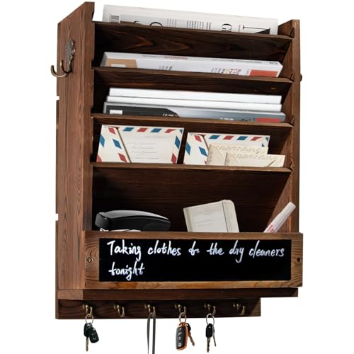 Rustic wall mail organizer,Key and Mail File Holder for Wall Mount | 6 Key Hooks 2 Double Key Hooks A blackboard,for Home,Office, Classroom,Entryway Decor (brown) - color: brown