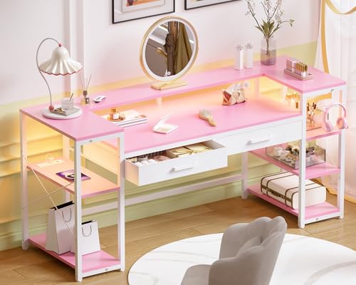 Pamray 58 Inch Gaming Computer Desk with Monitor Stand Drawers and Shelves | Ample Storage， Large Table with LED Lights & Power Outlets & USB Ports, Sturdy, Suitable for Gaming Home Office Work Study - color: Pink