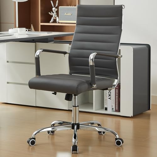 Office Desk Chair Leather, Conference Room Chairs with Wheels, Modern Executive Computer Guest Chairs with Arms. - color: Grey
