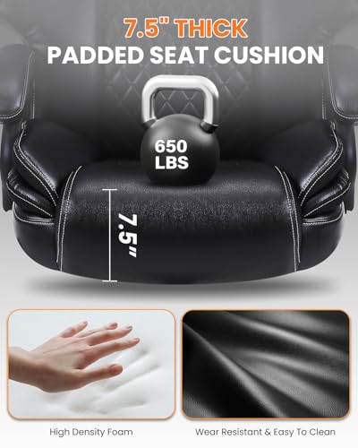 650lbs Large Big and Tall Office Chair for Heavy People with Adjustment Lumbar Support, Comfy Padded Heavy Duty Leather Executive Office Chair with Quiet Rubber for Adults 8 Hours Daliy Work