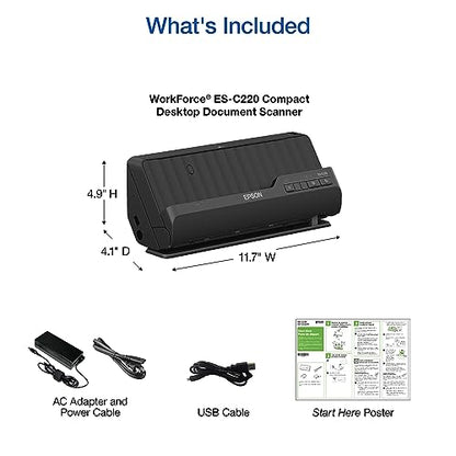 Epson Workforce ES-C220 Compact Document Scanner Duplex 20-pg ADF | 20-Page Auto Document Feeder 30 ppm/60 ipm Speed Portable Scanner for PC and Mac - style: ES-C220