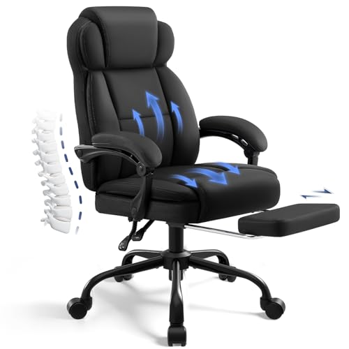Ergonomic Office Chair with Footrest,PU Leather Executive Desk Chair Padded Linkage Armrests,Lumbar Support,Swivel Computer Chair for Home Office & Gaming,Black - color: Black