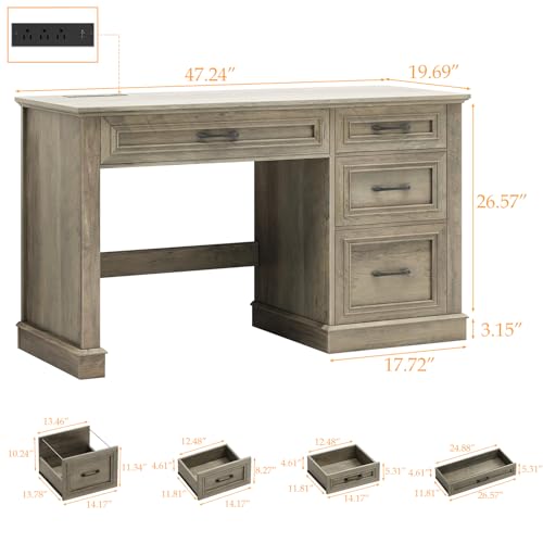 Vabches Farmhouse 47" Workstation Computer Desk with Drawers, Dark Grey | Executive Desk with File Drawer and Charging Station for Home Office,Study. - color: Dark Grey