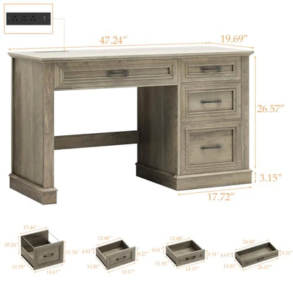 Vabches Farmhouse 47" Workstation Computer Desk with Drawers, Dark Grey | Executive Desk with File Drawer and Charging Station for Home Office,Study. - color: Dark Grey