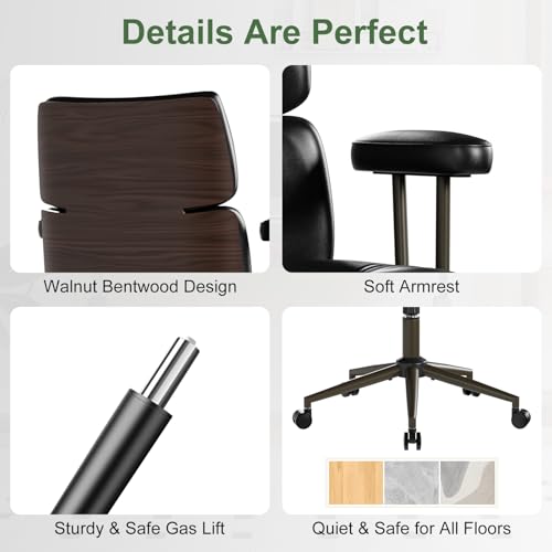 Mid-Century Modern Ergonomic Office Chair, Mid Back & Tufted, Black | Faux Leather Executive Desk Chair, Walnut Bentwood Frame, Tufted Design, Swivel Computer Chair for Home Office, 300LBS Cap - color: Black, size: Mid Back Style