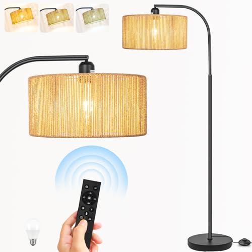 Boho Standing Lamp with Dimmable Bulb Nartual Rattan Adjustable Lampshade | Stepless Dimmable Bulb, Black Modern Farmhouse Rattan Floor Lamp for Living Room, Bedroom, Office, Classroom - style: Rustic-Black