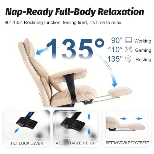 Efomao Executive Office Chair 400lbs,Beige Big and Tall Desk Chair | Mattress-grade pocket spring cushion, sleek leather, 135° recline & footrest for computer gaming setup. - color: 3084p-dark Beige